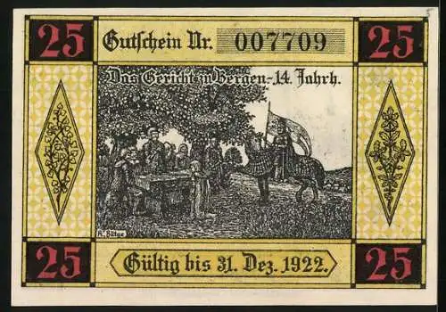 Notgeld Bergen an der Dumme 1922, 25 Pfennig, Ortspartie mit Kirche, Siegel