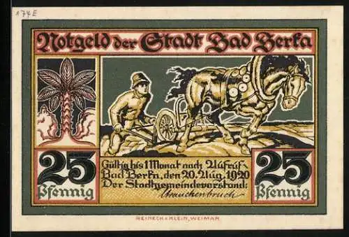 Notgeld Bad Berka 1920, 25 Pfennig, Bauer mit Pflug