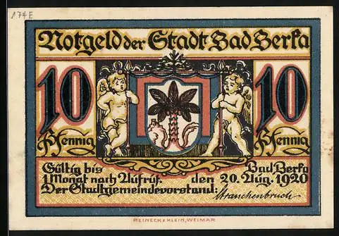 Notgeld Bad Berka 1920, 10 Pfennig, Zwei Englein mit Stadtwappen