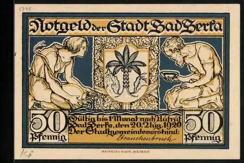 Notgeld Bad Berka 1920, 50 Pfennig, Frau gibt Mann zu trinken, Stadtwappen