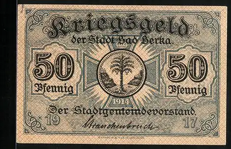 Notgeld Bad Berka 1917, 50 Pfennig, Palme im Eisernen Kreuz