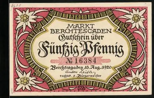 Notgeld Berchtesgaden 1920, 50 Pfennig, Blick über einen Bergsee, Edelweiss