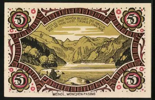 Notgeld Berchtesgaden 1920, 50 Pfennig, Blick über einen Bergsee, Edelweiss