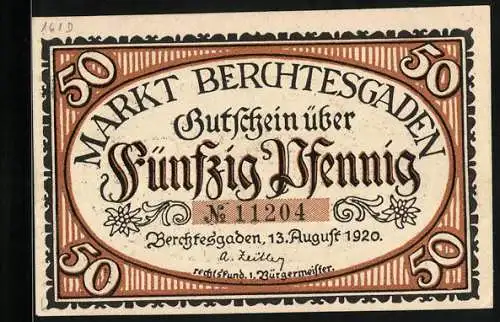 Notgeld Berchtesgaden 1920, 50 Pfennig, Teilansicht mit Kirche