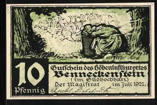 Notgeld Benneckenstein im Südhochharz 1921, 10 Pfennig, Alte Frau mit einem Korb