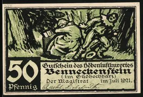 Notgeld Benneckenstein im Südhochharz 1921, 50 Pfennig, Alte Frau und Mann im Wald