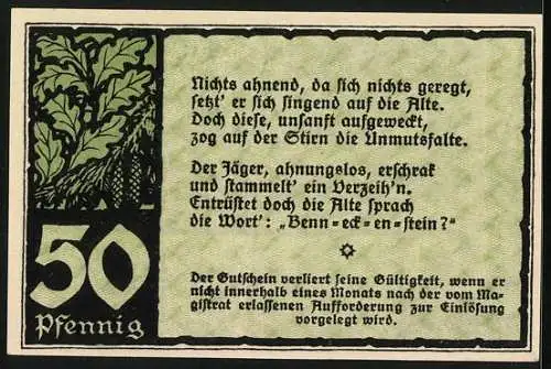 Notgeld Benneckenstein im Südhochharz 1921, 50 Pfennig, Alte Frau und Mann im Wald