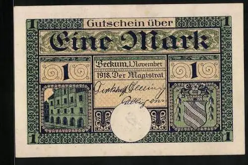 Notgeld Beckum 1918, 1 Mark, Gebäudeansicht, Wappen
