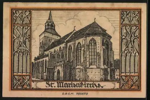 Notgeld Belgard, 2 Mark, St. Marienkirche, Ritterhelm und Wappen