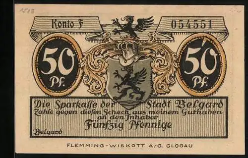 Notgeld Belgard, 50 Pfennig, Teilansicht mit Kirche, Ritterhelm und Wappen
