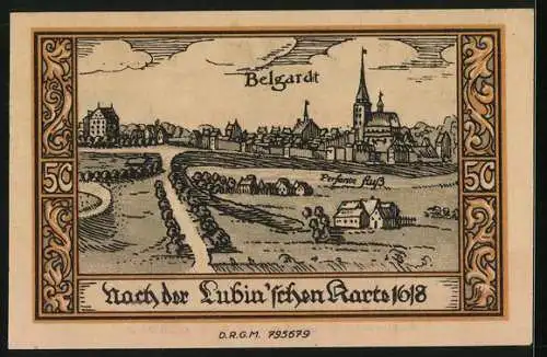 Notgeld Belgard, 50 Pfennig, Teilansicht mit Kirche, Ritterhelm und Wappen