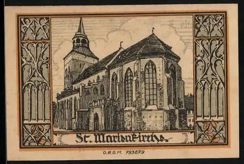 Notgeld Belgard, 2 Mark, St. Marienkirche, Ritterhelm und Wappen
