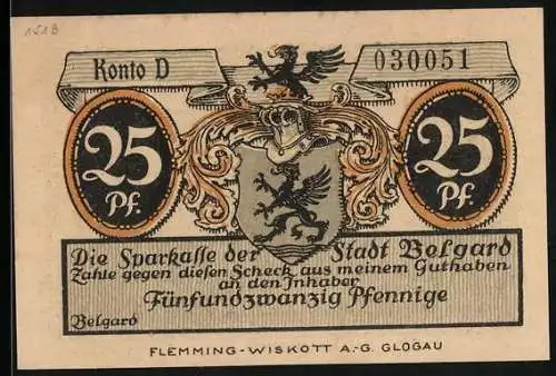 Notgeld Belgard, 25 Pfennig, Der Rat von Belgard weist die polnischen Gesandten zurück 1107, Ritterhelm und Wappen