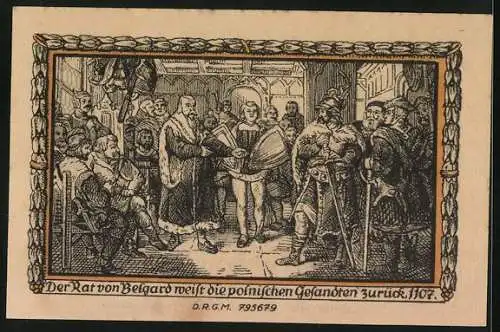 Notgeld Belgard, 25 Pfennig, Der Rat von Belgard weist die polnischen Gesandten zurück 1107, Ritterhelm und Wappen