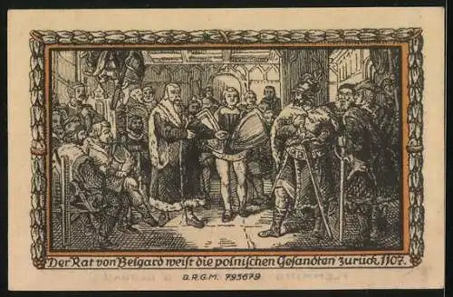 Notgeld Belgard, 25 Pfennig, Der Rat von Belgard weist die polnischen Gesandten zurück 1107, Ritterhelm und Wappen