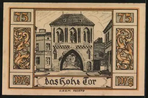 Notgeld Belgard, 75 Pfennig, Das hohe Tor, Ritterhelm und Wappen
