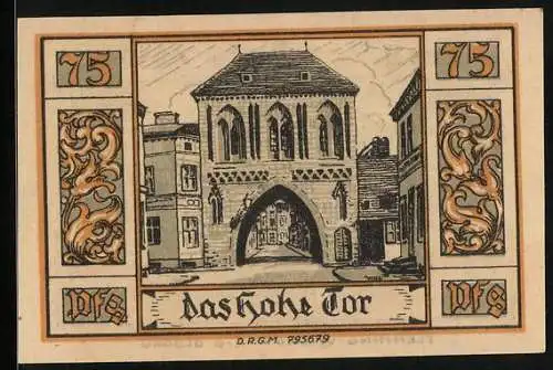Notgeld Belgard, 75 Pfennig, Das hohe Tor, Ritterhelm und Wappen