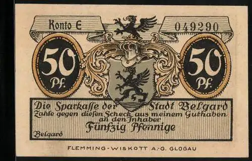 Notgeld Belgard, 50 Pfennig, Teilansicht, Ritterhelm und Wappen