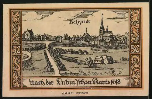 Notgeld Belgard, 50 Pfennig, Teilansicht, Ritterhelm und Wappen