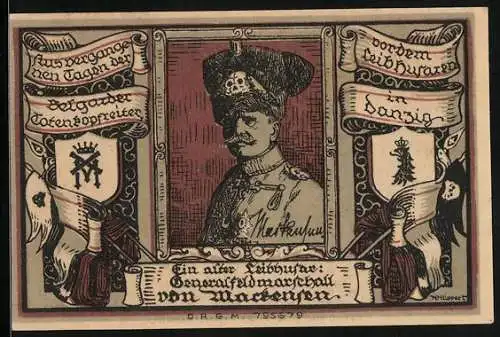 Notgeld Belgard a. Pers., 2 Mark, Leibhusar Generalfeldmarschall von Mackensen, Ritterhelm und Wappen