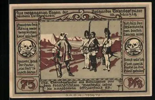Notgeld Belgard a. Pers., 75 Pfennig, Totenkopfhusar als Gefanener vor dem französischen Marschall 1758..., Wappen