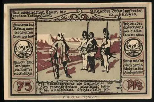 Notgeld Belgard a. Pers., 75 Pfennig, Totenkopfhusar als Gefanener vor dem französischen Marschall 1758..., Wappen