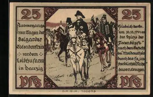 Notgeld Belgard a. Pers., 25 Pfennig, Friedrich der Grosse an der Spitze der Totenköpfe 1744, Ritterhelm mit Wappen