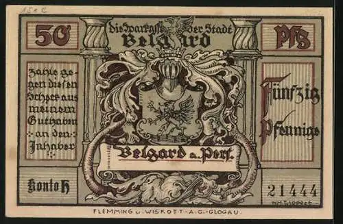 Notgeld Belgard a. Pers., 50 Pfennig, Bustards de la mort bei Stöckendrebber 1758, Ritterhelm mit Wappen