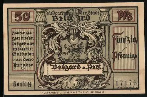 Notgeld Belgard a. Pers., 50 Pfennig, Bustards de la mort bei Stöckendrebber 1758, Ritterhelm mit Wappen