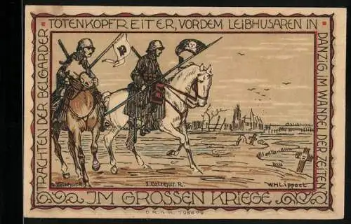 Notgeld Belgard, 2 Mark, Trachten der Belgarder Totenkopfreiter vor dem Leibhusaren in Danzig im grossen Kriege