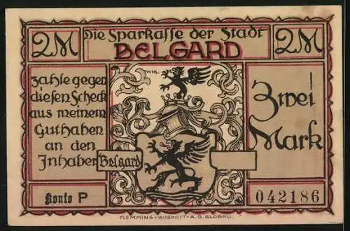 Notgeld Belgard, 2 Mark, Trachten der Belgarder Totenkopfreiter vor dem Leibhusaren in Danzig im grossen Kriege
