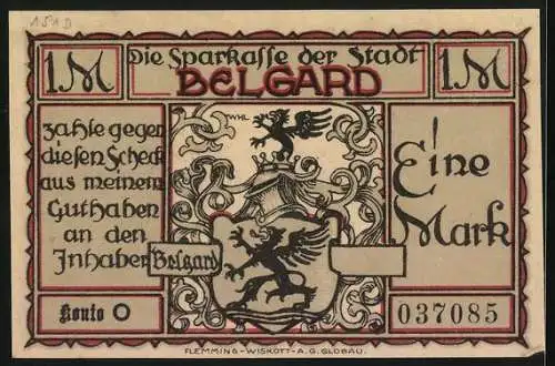 Notgeld Belgard, 1 Mark, Trachten der Belgarder Totenkopfreiter vor dem Leibhusaren in Danzig, 1. u. 2. Leibhusar