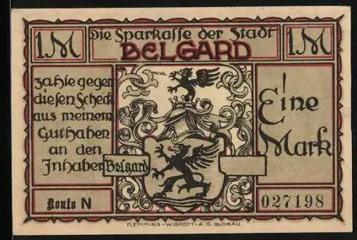 Notgeld Belgard, 1 Mark, Ritterhelm und Stadtwappen