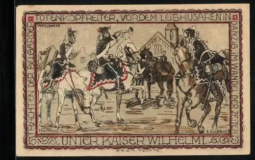 Notgeld Belgard, 75 Pfennig, Trachten der Belgarder Totenkopfreiter vor dem Leibhusaren in Danzig, 1. u. 2. Leibhusar