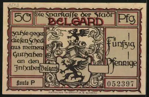 Notgeld Belgard, 50 Pfennig, Trachten der Belgarder Totenkopfreiter vor dem Leibhusaren in Danzig