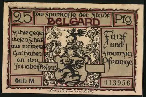 Notgeld Belgard, 25 Pfennig, Trachten der Belgarder Totenkopfreiter vor dem Leibhusaren in Danzig, Wappen