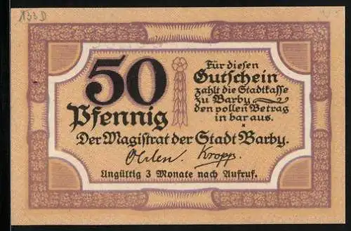 Notgeld Barby 1921, 50 Pfennig, Stadtsiegel- und Wappen
