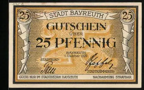 Notgeld Bayreuth 1920, 25 Pfennig, Stadtwappen