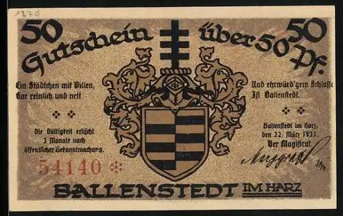 Notgeld Ballenstedt im Harz 1921, 50 Pfennig, Stadtwappen