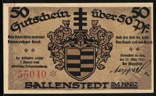 Notgeld Ballenstedt im Harz 1921, 50 Pfennig, Das Rathaus, Wappen