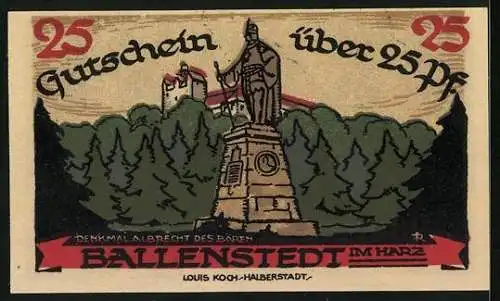 Notgeld Ballenstedt im Harz 1921, 50 Pfennig, Denkmal Albrecht des Bären, Wappen