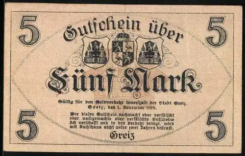 Notgeld Greiz 1918, 5 Mark, Schloss Greiz, Stadtwappen
