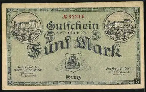 Notgeld Greiz 1918, 5 Mark, Schloss Greiz, Stadtwappen