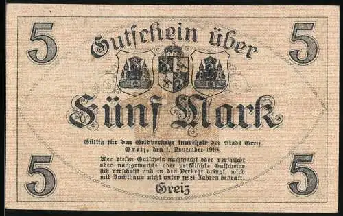 Notgeld Greiz 1918, 5 Mark, Schloss Greiz, Stadtwappen