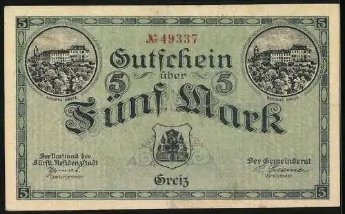 Notgeld Greiz 1918, 5 Mark, Schloss Greiz, Stadtwappen