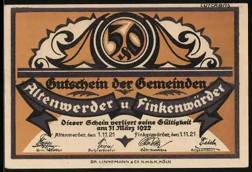 Notgeld Altenwerder 1921, 50 Pfennig, mit Finkenwärder, Konterfei von Gorch Fock