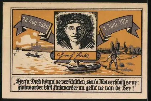 Notgeld Altenwerder 1921, 50 Pfennig, mit Finkenwärder, Konterfei von Gorch Fock