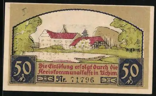 Notgeld Achim 1921, 50 Pfennig, Ortsansicht am Weiher