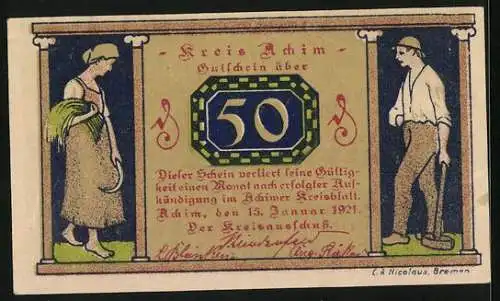 Notgeld Achim 1921, 50 Pfennig, Ortsansicht am Weiher
