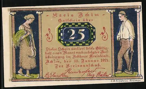 Notgeld Achim 1921, 25 Pfennig, Ortsansicht mit weidenden Kühen und der Windmühle